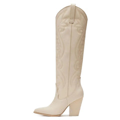 VOMIRA Knee High Cowboy Boots Pointed Toe Chunky High Heels Pull-on
