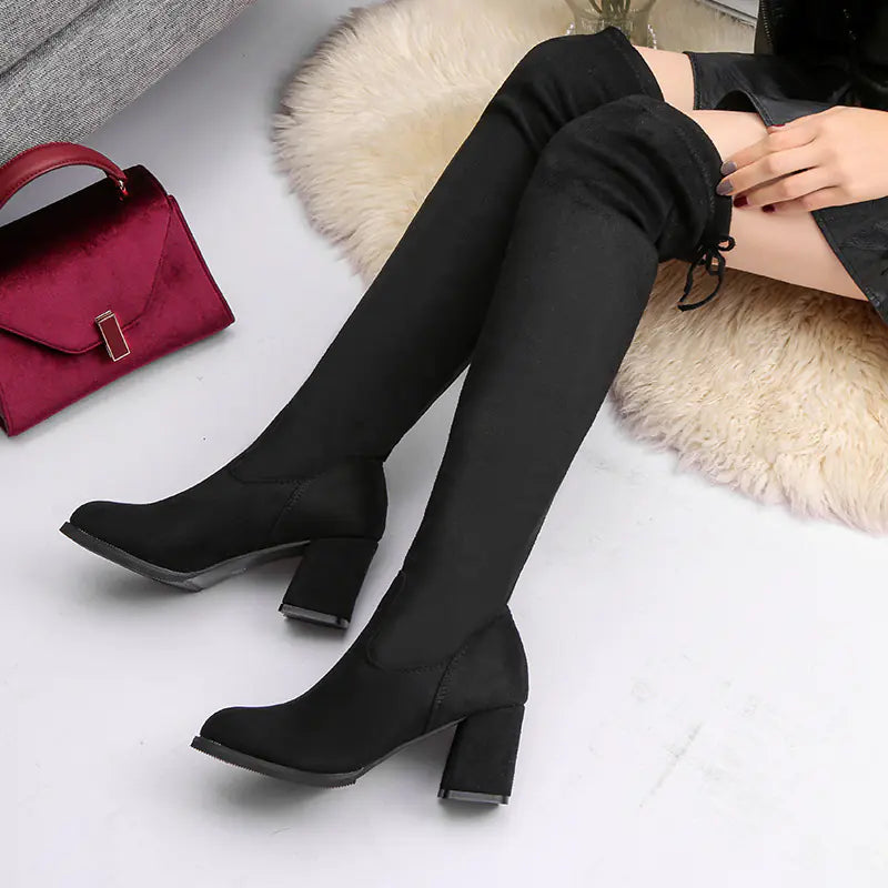 Knee-High Stretch Boots with Chunky Heels