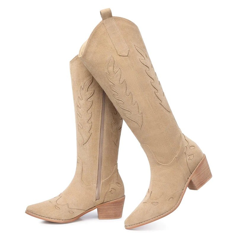 SHIBEVER Cowboy Boots Suede Pointed Toe Khaki 6.5