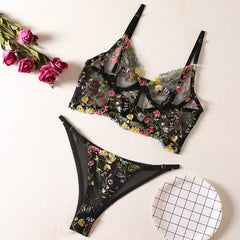 2023 Black Floral Embroidered Lace Bralette & Panty Set