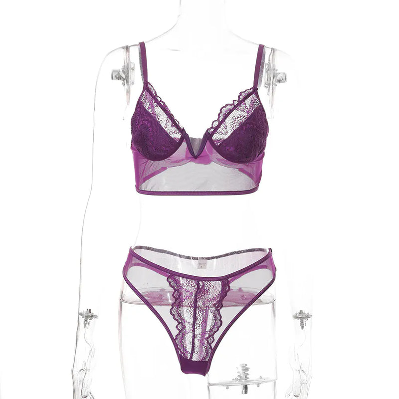Deep V Lace Floral Lingerie Set for Women