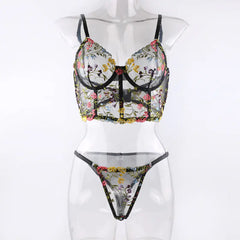 2023 Black Floral Embroidered Lace Bralette & Panty Set