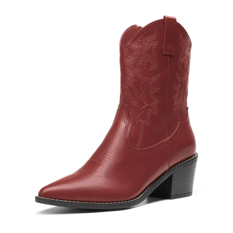 DREAM PAIRS Womens Cowboy Boots Pointed Toe Chunky Heel Size 8 RED