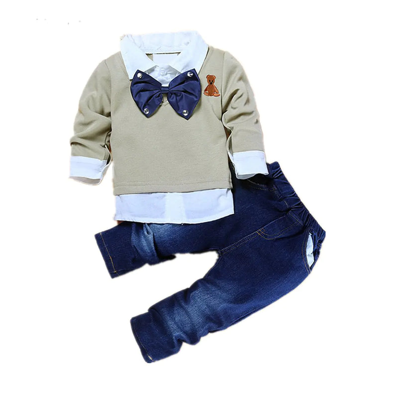 puseky 2pcs Toddler Baby Boys Bow Tie Shirt Tops+Denim Pants