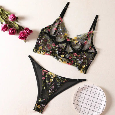 2023 Black Floral Embroidered Lace Bralette & Panty Set