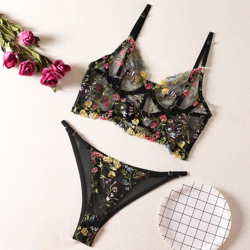 2023 Black Floral Embroidered Lace Bralette & Panty Set