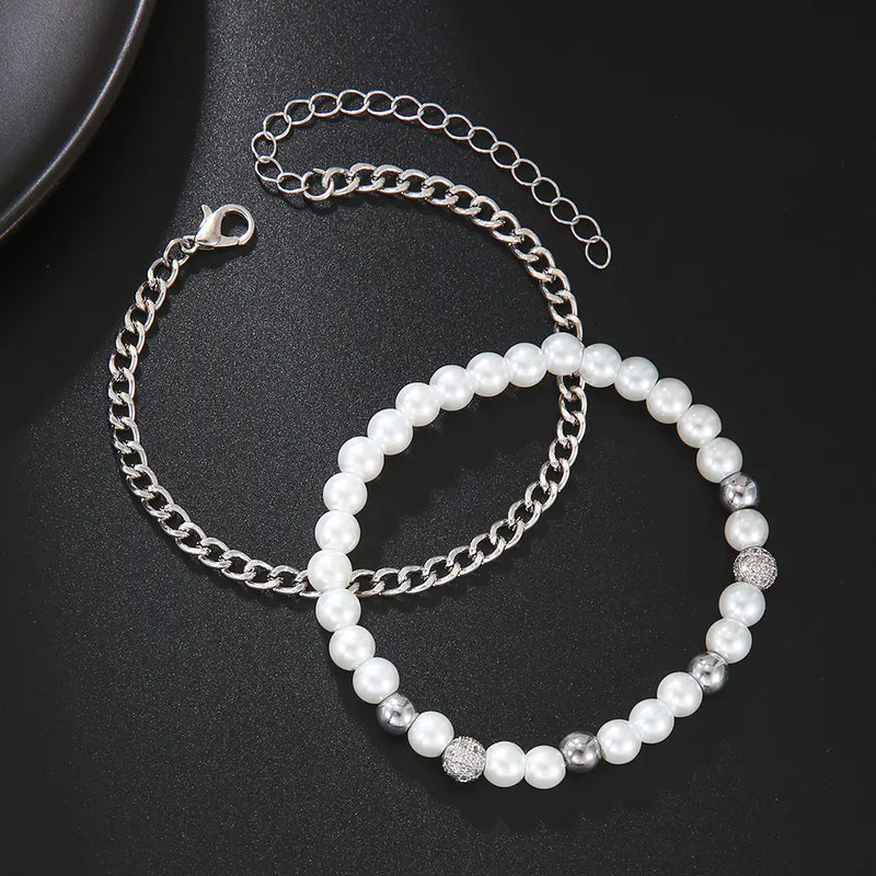 Men's Fashion Zircon Pearl Bracelet Set