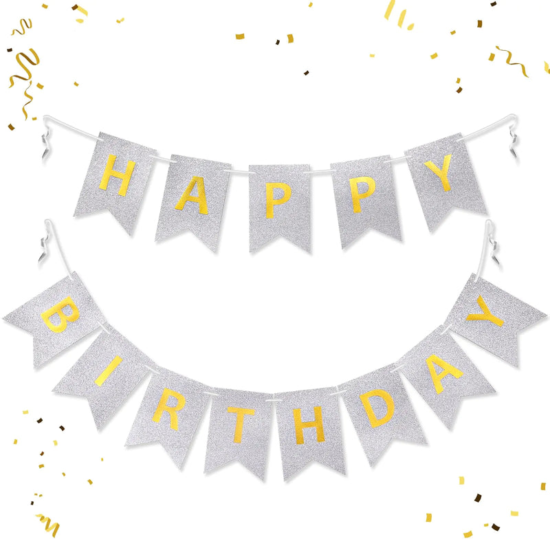 Silver Glitter Happy Birthday Banner