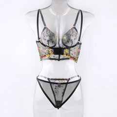 2023 Black Floral Embroidered Lace Bralette & Panty Set