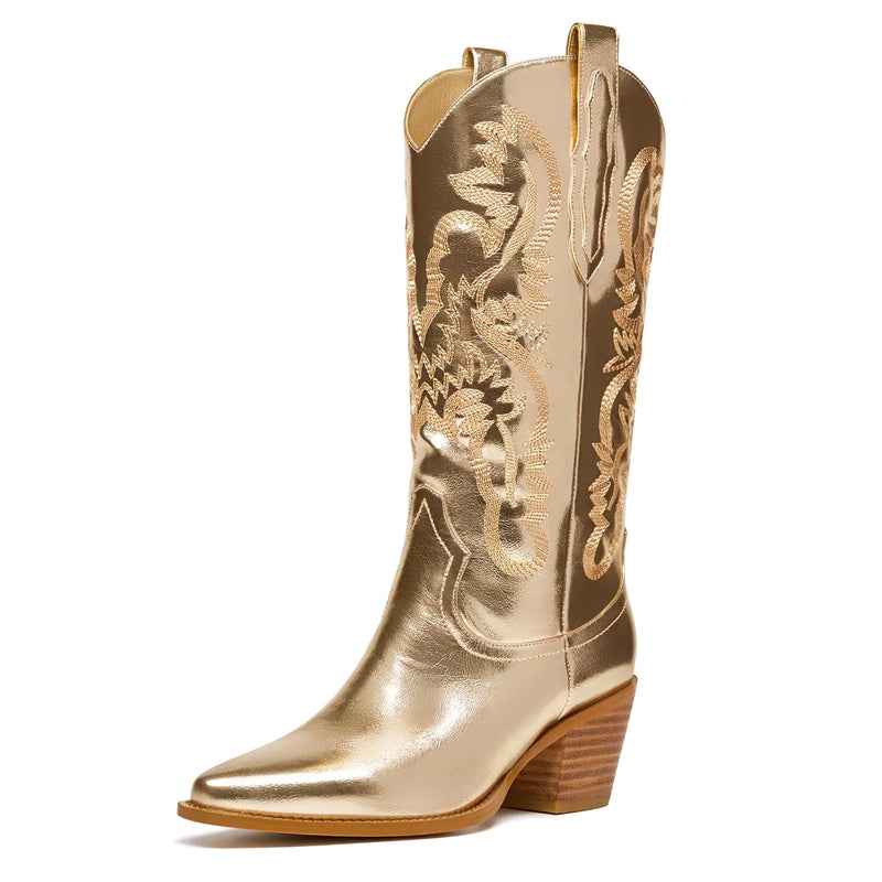 driceic Gold Mid Calf Metallic Cowboy Boots Size 12