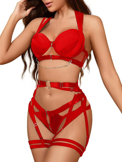 Foxiny Sexy PU Leather Strappy Underwire Push Up Garter Belt Women Lingerie Set