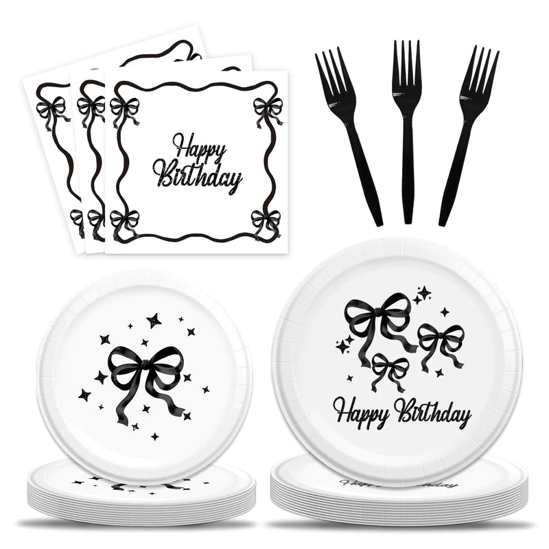 Black Bow Birthday Party Supplies 96Pcs