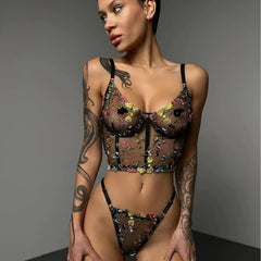 2023 Black Floral Embroidered Lace Bralette & Panty Set