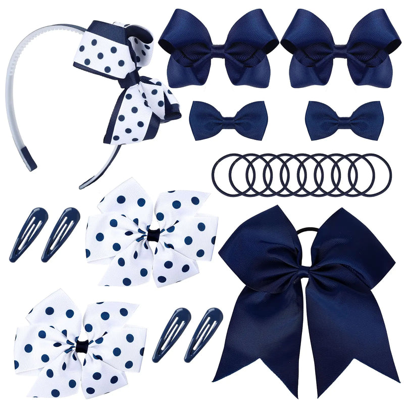Whaline 20Pcs Back to School Uniform Hair Bows Set Navy Blue White Multi-styled
