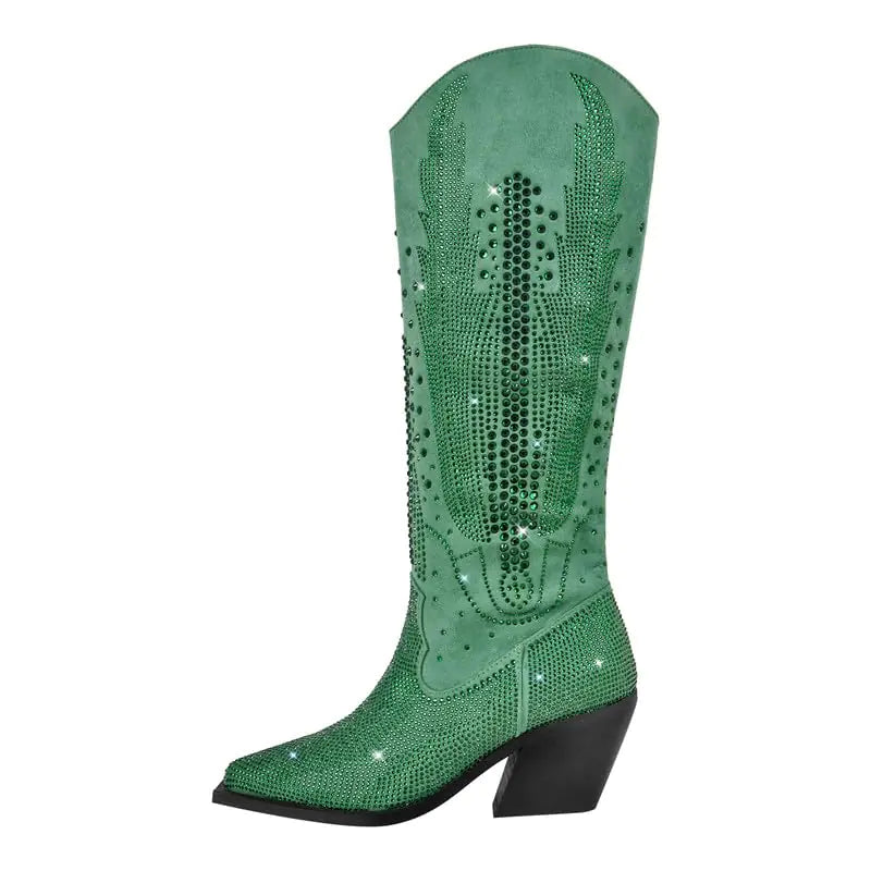 LISHAN Rhinestone Knee High Heel Green US 11
